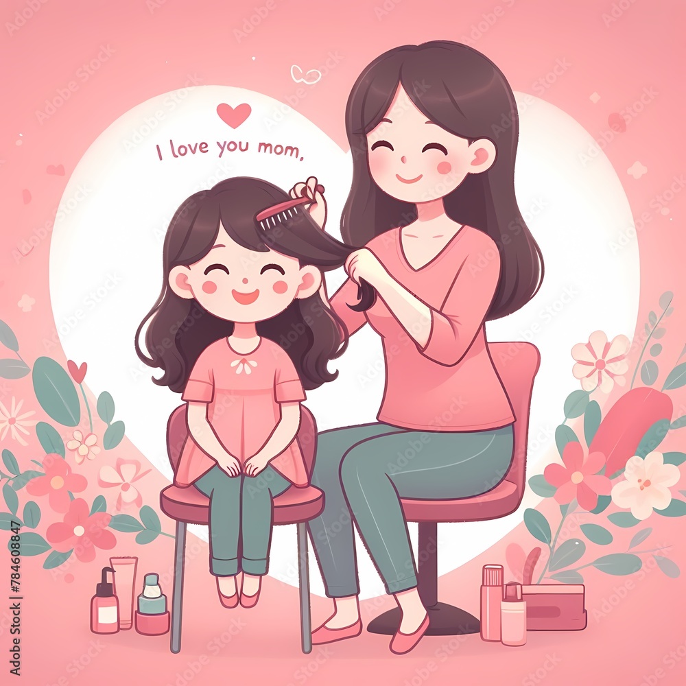 illustration of a mother is styling her daughter's hair, who is sitting on a chair illustration of a mother is styling her daughter's hair, who is sitting on a chair