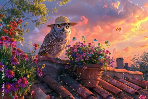 A charming rooftop garden scene where a wise owl in a straw hat tends to vibrant flowers, under a pastel sunset, creating a storybook moment