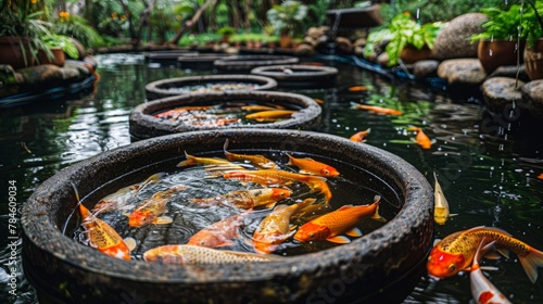 Koi Fish Swimming in Traditional Stone Basin Pond in Lush Garden Setting