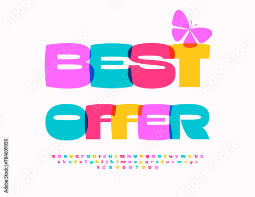 Vector colorful Best Offer Sign for Sales. Modern Bright Font. Trendy set of Alphabet Letters and Numbers.