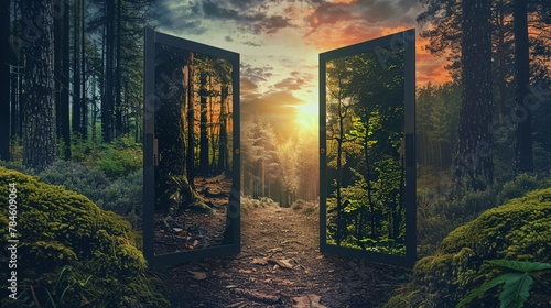 Doors open to different paths in a forest, each leading to distinct opportunities and choices in the business world.