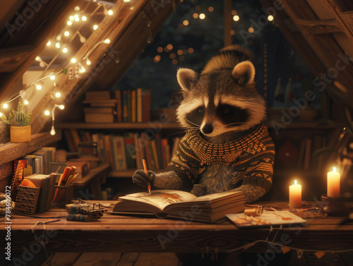 A cozy attic space where a raccoon in a soft, chunky sweater crafts a scrapbook, surrounded by vintage trinkets and the glow of fairy lights, whispering nostalgia