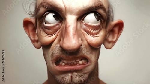 Animation of a ugly deformed face. Man is looking chocked and crazy. Bald man psychological stress struggling for life 3D cartoon 4k video