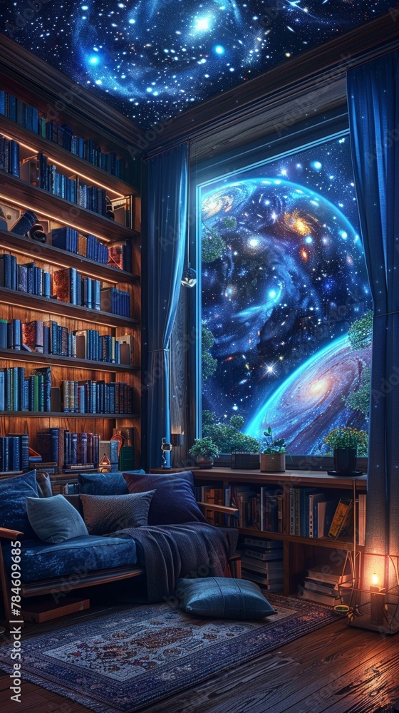 A cozy corner in a futuristic library, where patrons can use AI to virtually visit and study any galaxy in realtime
