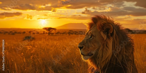 A majestic lion's portrait as it gazes into the distance, with the sprawling savanna and silhouetted mountains bathed in the golden hues of sunset.
