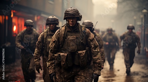 Soldiers in military uniform walking along a city street