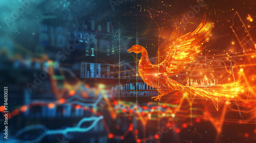A phoenix rising from economic charts, symbolizing market recovery and business resilience.