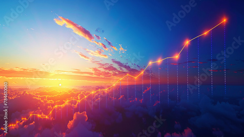 A graph line curving upwards from chaos to stability, depicting market recovery against a sunrise.