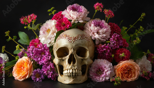 Close-up of human skull and lush flowers on black background.