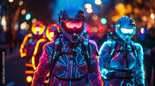 Participants wear reactive neon gear that changes colors based on proximity to virtual war zones during a galaxy marathon photo