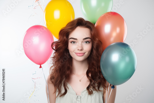Young pretty brunette girl over isolated white background holding balloons