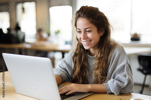 Young pretty brunette girl working with a laptop