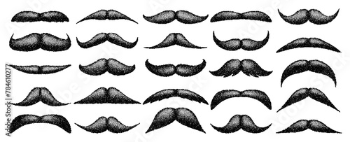 Stippled vintage mustache. Curly facial hair. Hipster beard. Stippling, dot drawing and shading, stipple pattern, halftone effect. Vector illustration