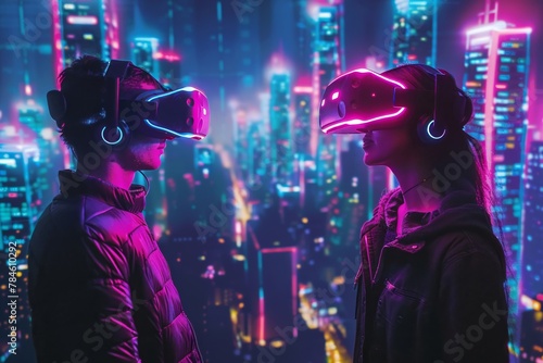 VR users meeting in virtual reality city, neon skyline, firstperson view, immersive colors photo