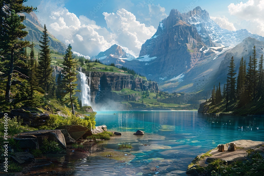 A painting depicting a mountain lake with a cascading waterfall, surrounded by lush greenery and rocky terrain