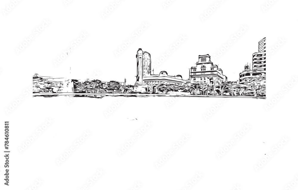 Print Building view with landmark of Santa Cruz de Tenerife is the city in Canary Islands. Hand drawn sketch illustration in vector.
