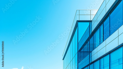 A modern office facade reflecting symbols of property, tax, and cost, under the clear sky.