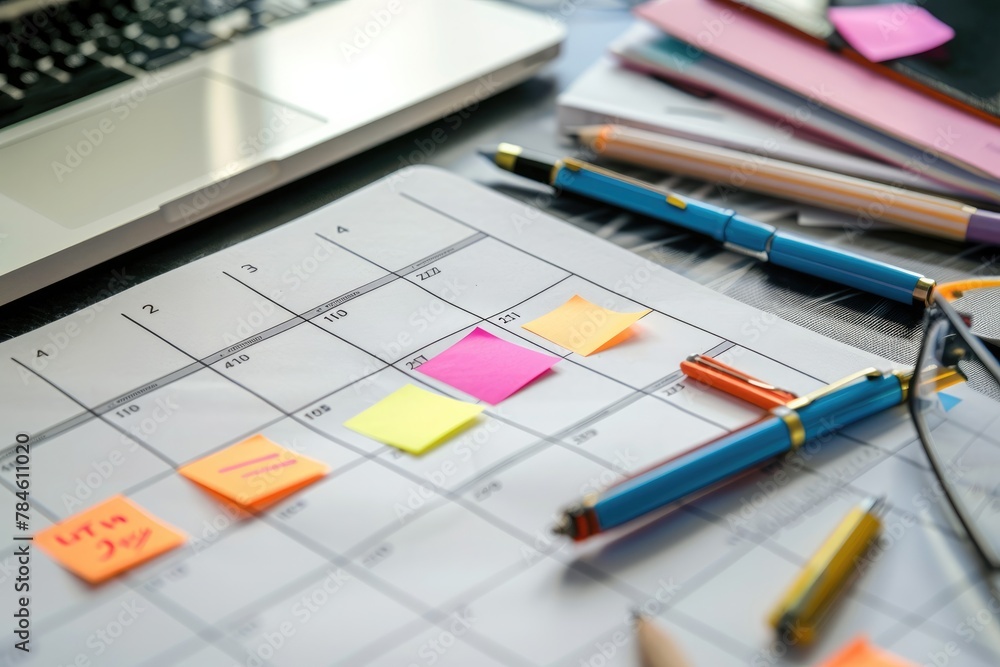 Visual concept of a business schedule, showcasing a calendar with highlighted appointments and tasks. Suitable for illustrating time management strategies. Visual concept of a business schedule, showcasing a calendar with highlighted appointments and tasks. Suitable for illustrating time management strategies.