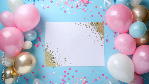 Celebratory Invitation: Pastel Balloons and Gold Confetti Frame with Blank Card - Festive Announcement Background