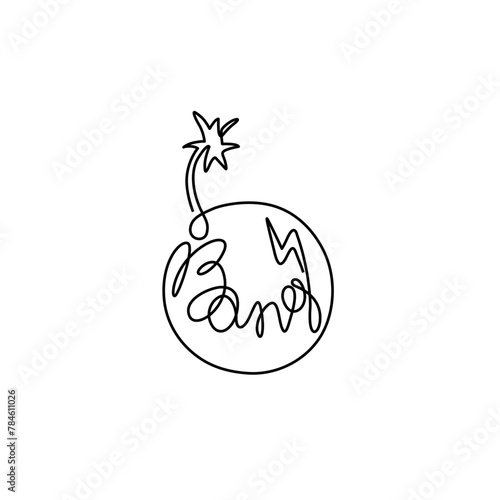 Cartoon doodle bomb explosion continuous line drawing, bang calligraphy text, comic clouds of boom bang, vector dynamite blast cloud. Bomb explode, TNT explosive,  isolated vector illustration. (ID: 784611026)