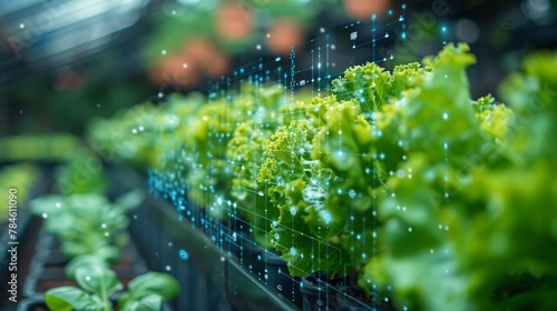 Hydroponic vegetable cultivation with water droplets in a futuristic greenhouse powered by artificial intelligence. Concept of sustainable urban farming and smart agriculture technology.