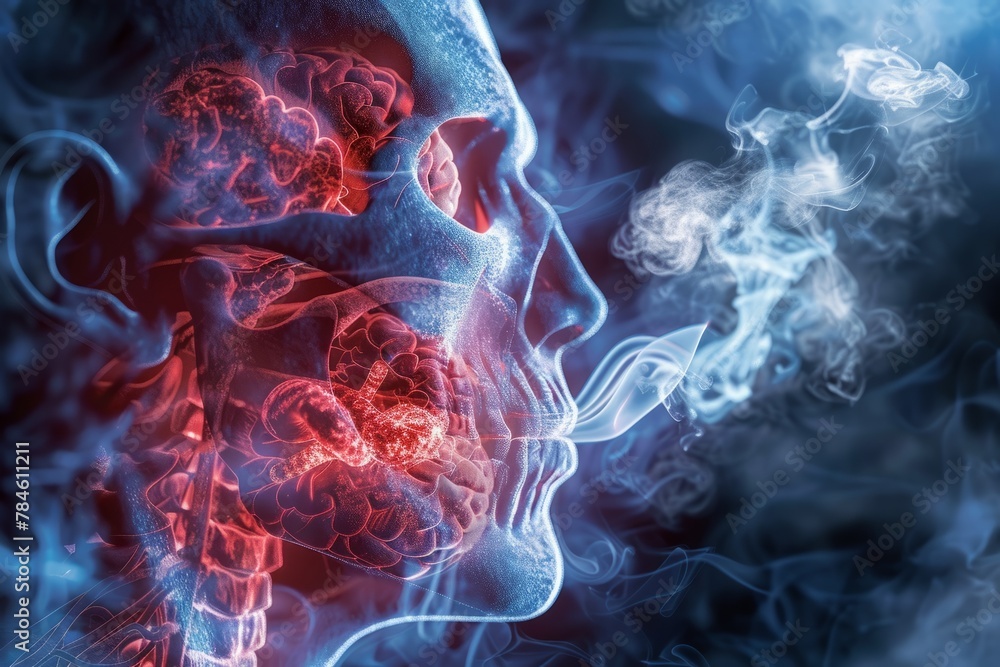 Anatomical illustration of human throat with smoke and fire effects ...