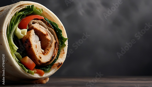 A fresh grilled wrap, donner or shawarma chicken wrap or roll hot, smoke as wide banner with copyspace area, on isolated background,  photo