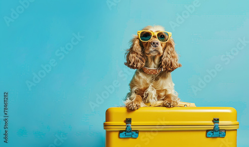 Wallpaper Mural Cute ginger dog cocker spaniel in dark sunglasses sitting on top of the yellow suitcase ready to go on holiday, blue background Torontodigital.ca
