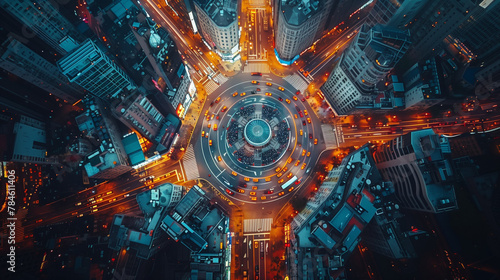  top-down perspective captures the busy streets of a city where multiple yellow cabs and cars maneuver around a roundabout lined with buildings