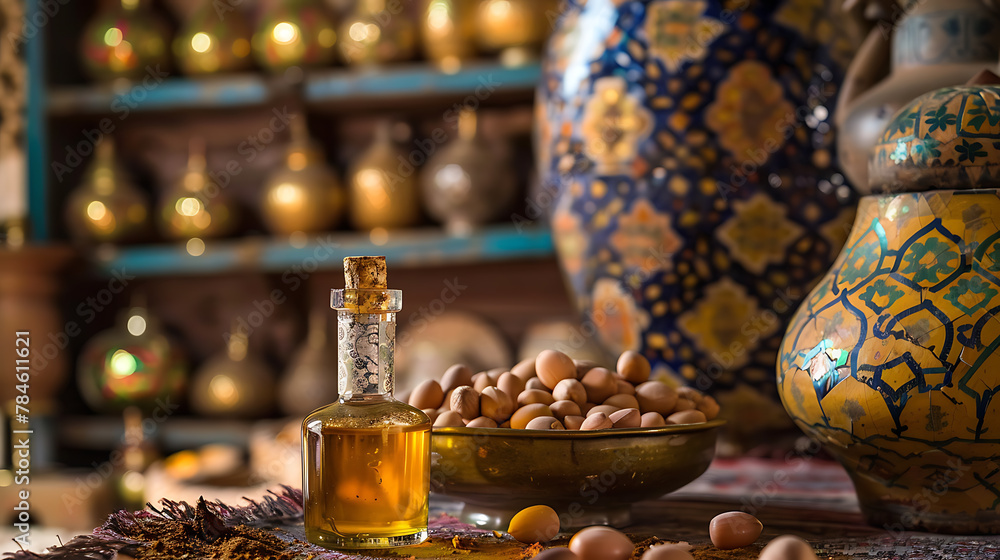 Olive oil in a bottle on the background of oriental objects Olive oil in a bottle on the background of oriental objects