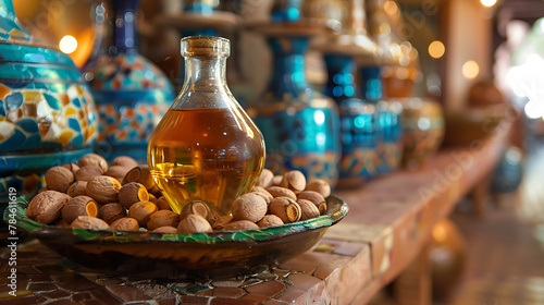 Almond oil in glass bottle with nuts on the table in morocco