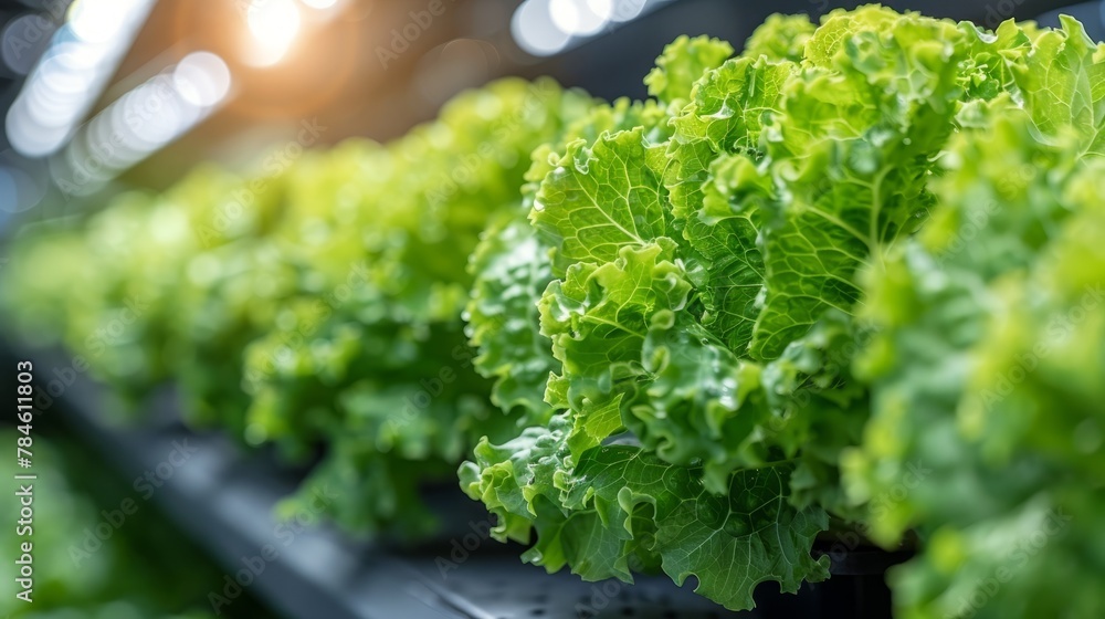Fresh Green Lettuce Growing in Hydroponic Farm. A Sustainable Agriculture Solution - obrazy, fototapety, plakaty 