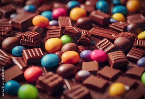 Assorted chocolates and colorful candy spread out in a close-up view, showcasing a variety of shapes and textures. International Chocolate Day.