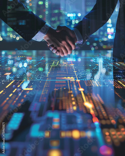 Two professionals shaking hands over a lit-up digital table, projecting partnership agreements.
