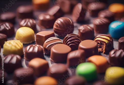 Assorted colorful chocolates with various fillings and designs, displayed in rows on a dark background. International Chocolate Day. photo