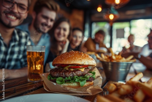 Close-up of hamburgers, fries and beer menu with a group of friends enjoying the meal