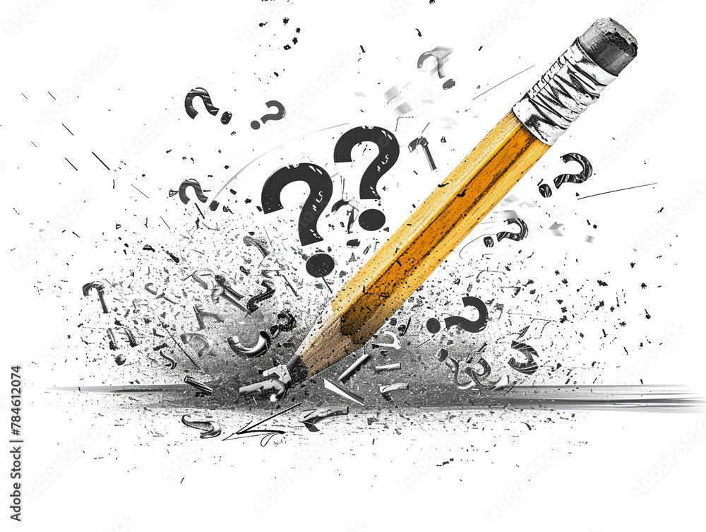 Obraz premium A pencil breaking through a barrier of question marks, representing breakthroughs in inquiry and curiosity.