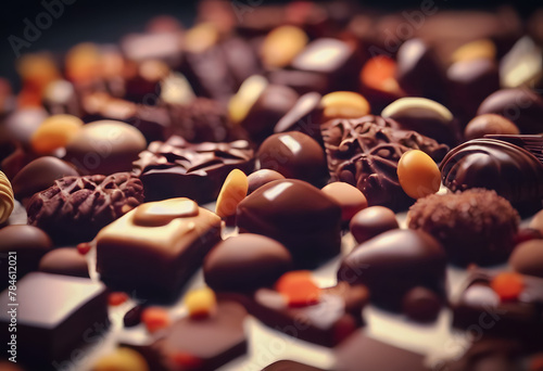 Assorted gourmet chocolates in various shapes and sizes, featuring dark, milk, and white chocolate with nuts and caramel fillings. International Chocolate Day.