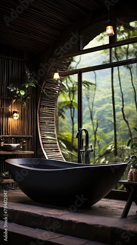 modern interior bathroom with windows in the jungle UHD Wallpaper