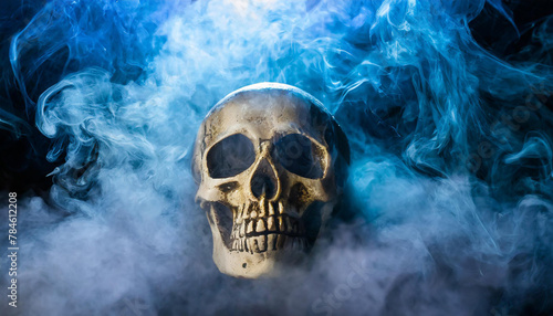 Close-up of scary human skull in smoky space. Horror concept. Death of human. © hardvicore
