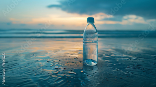Bottle of water on sandy beach