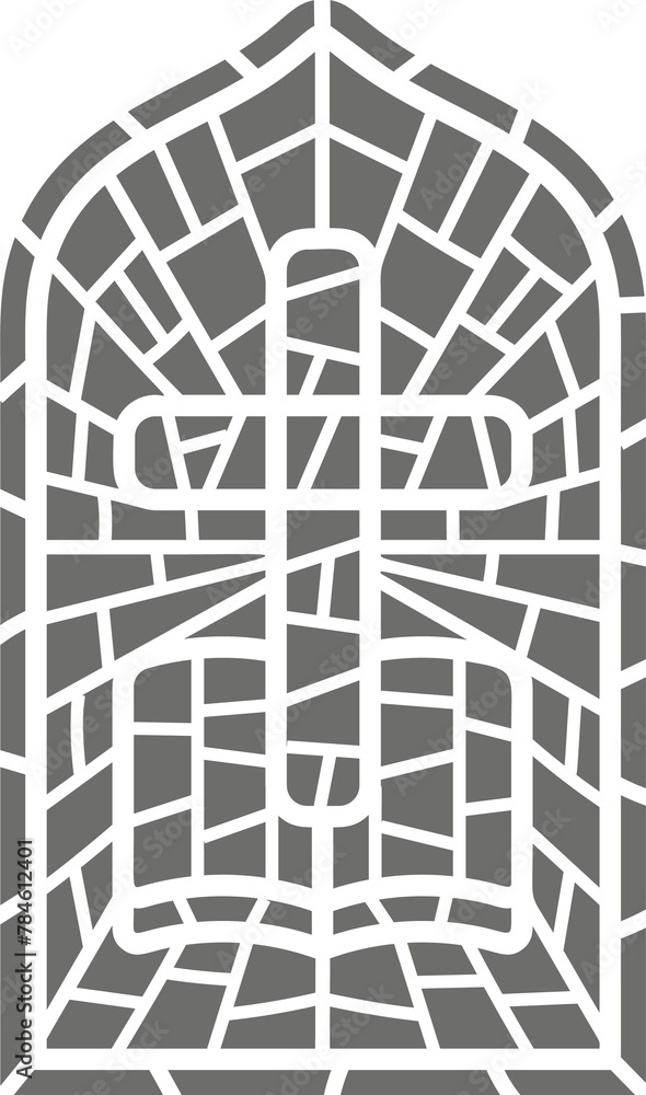 Obraz premium Church stained window with religious symbol. Christian mosaic glass arch with cross and bible