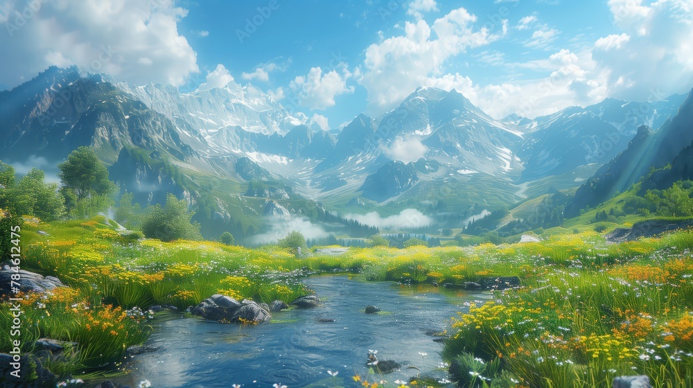 A river flowing through a verdant field with mountains in the backdrop