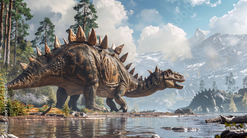 A large dinosaur is walking through a forest near a body of water