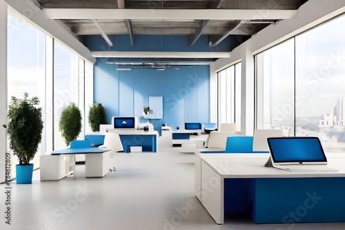 Open-plan office space in modern white and blue colors.Modern and Sleek Workspace,modern office interior photo