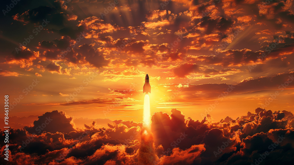 Rocket launching into the sky at sunset