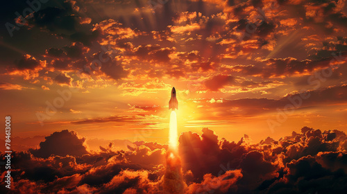 Rocket launching into the sky at sunset