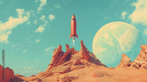 Red rocket flying through blue sky from a whimsical, oversized desert