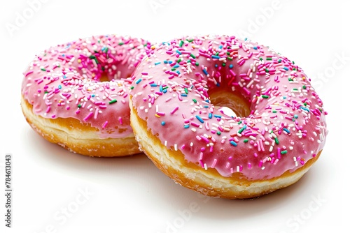 Sweet strawberry glazed donuts with sprinkles isolated on white background with clipping path