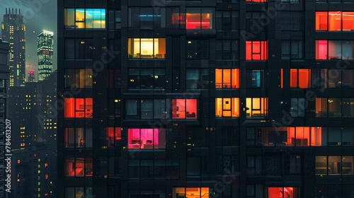 Towering skyscraper with numerous colorful windows